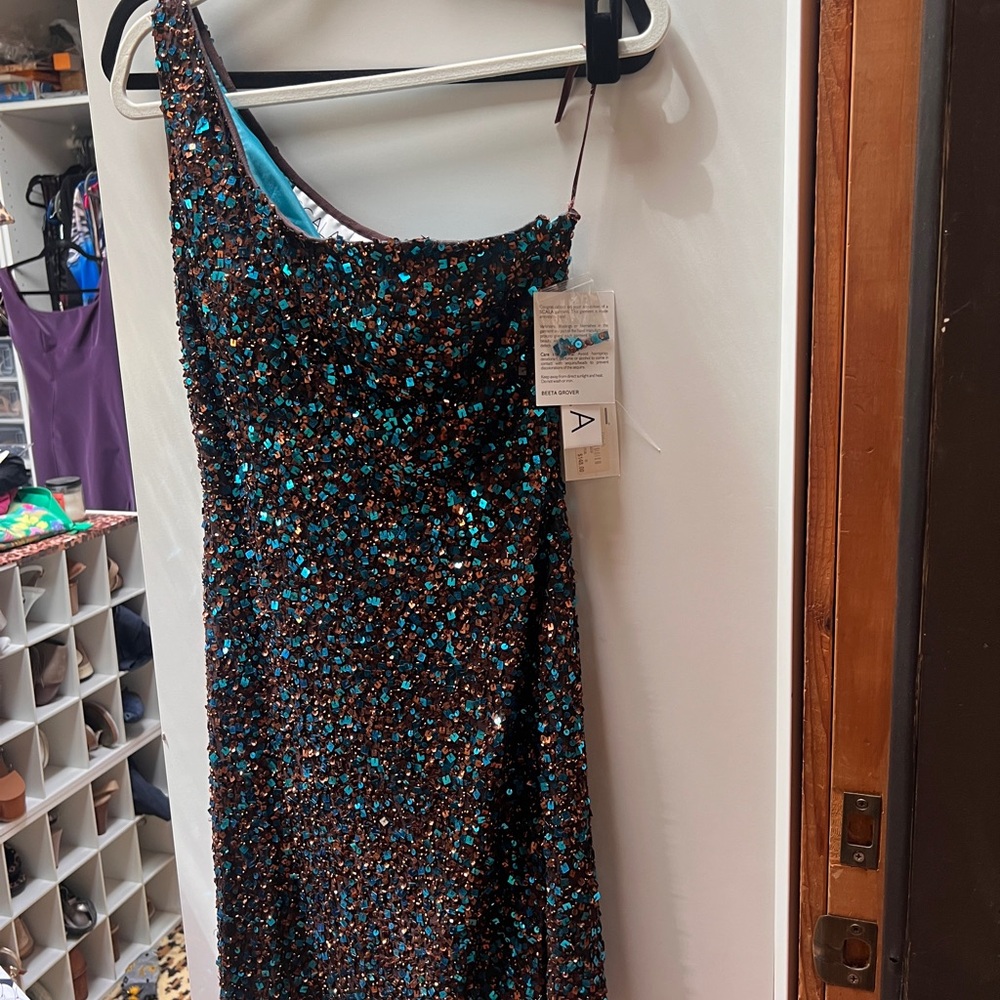 Scala One Shoulder Sequin Dress - Brown and Blue